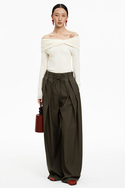 SELFWHO Merino wool blend drawstring casual pants