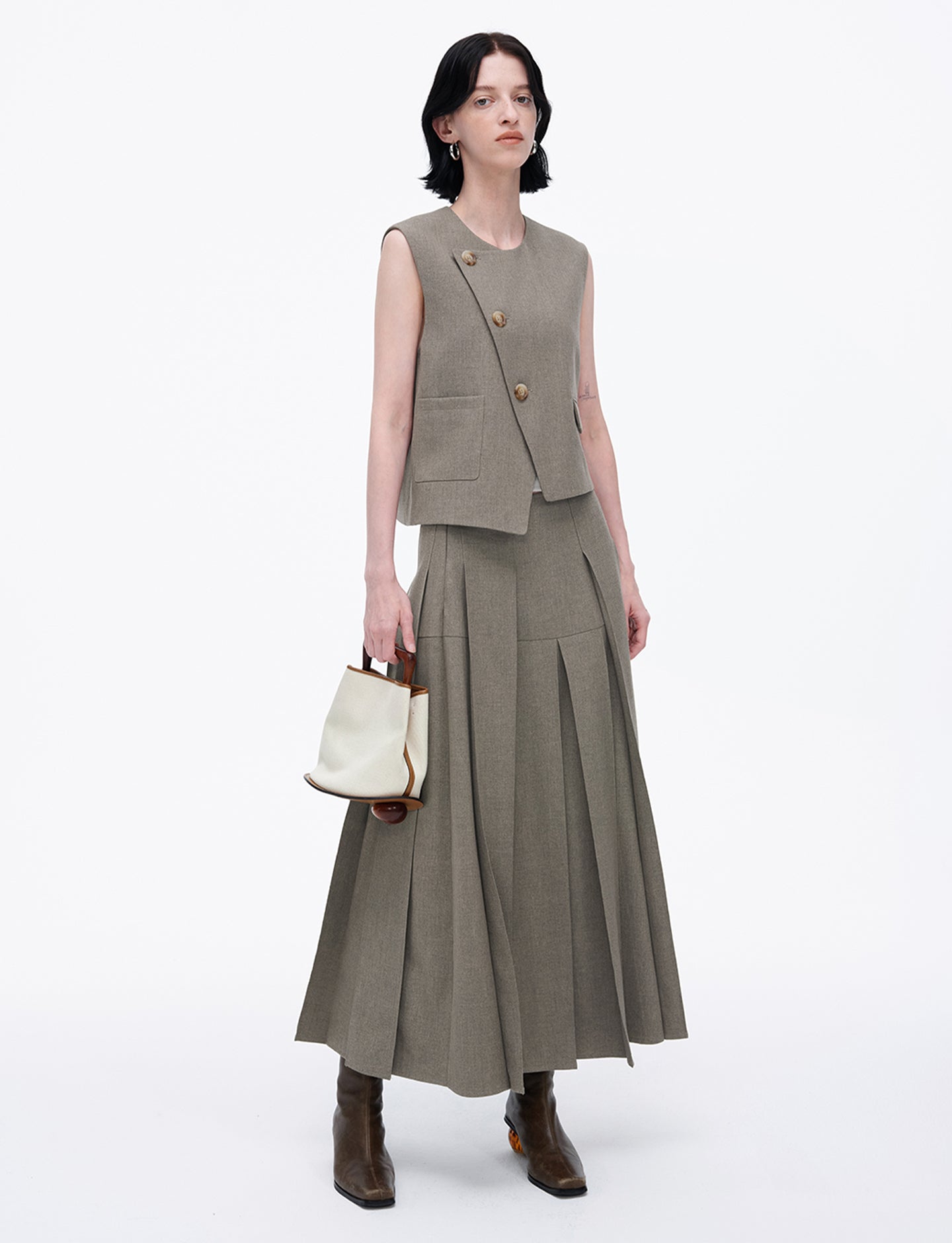 High Waist Casual Half-Length Pleated Skirt+Vest