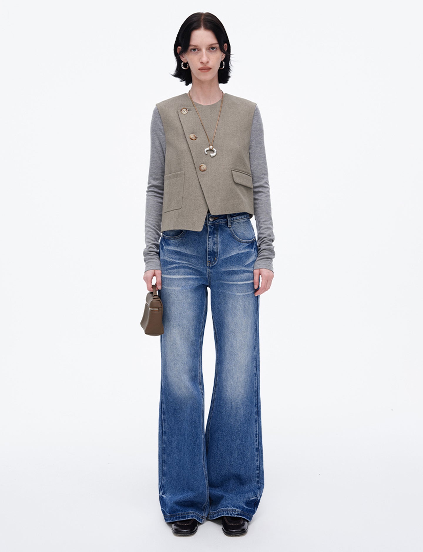 High Waist Casual Half-Length Pleated Skirt+Vest