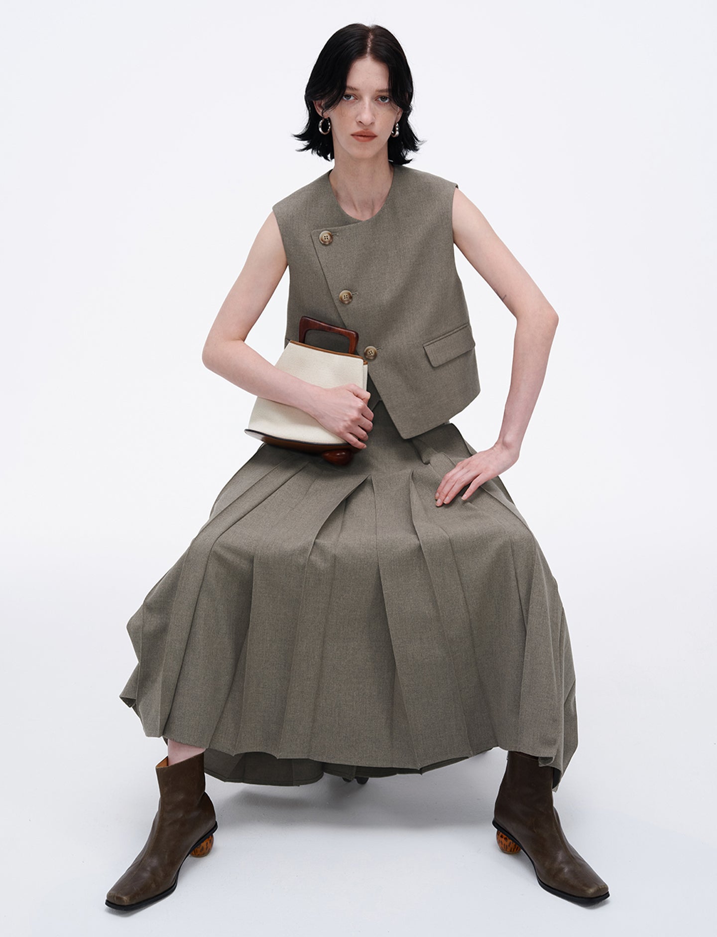 High Waist Casual Half-Length Pleated Skirt+Vest