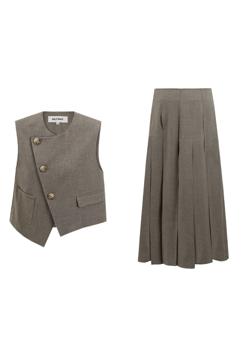 SELFWHO High Waist Casual Half-Length Pleated Skirt+Vest（The size is small, it is recommended to order a size up）
