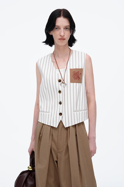SELFWHO New V-Neck Temperament Beige Striped Vest For Women