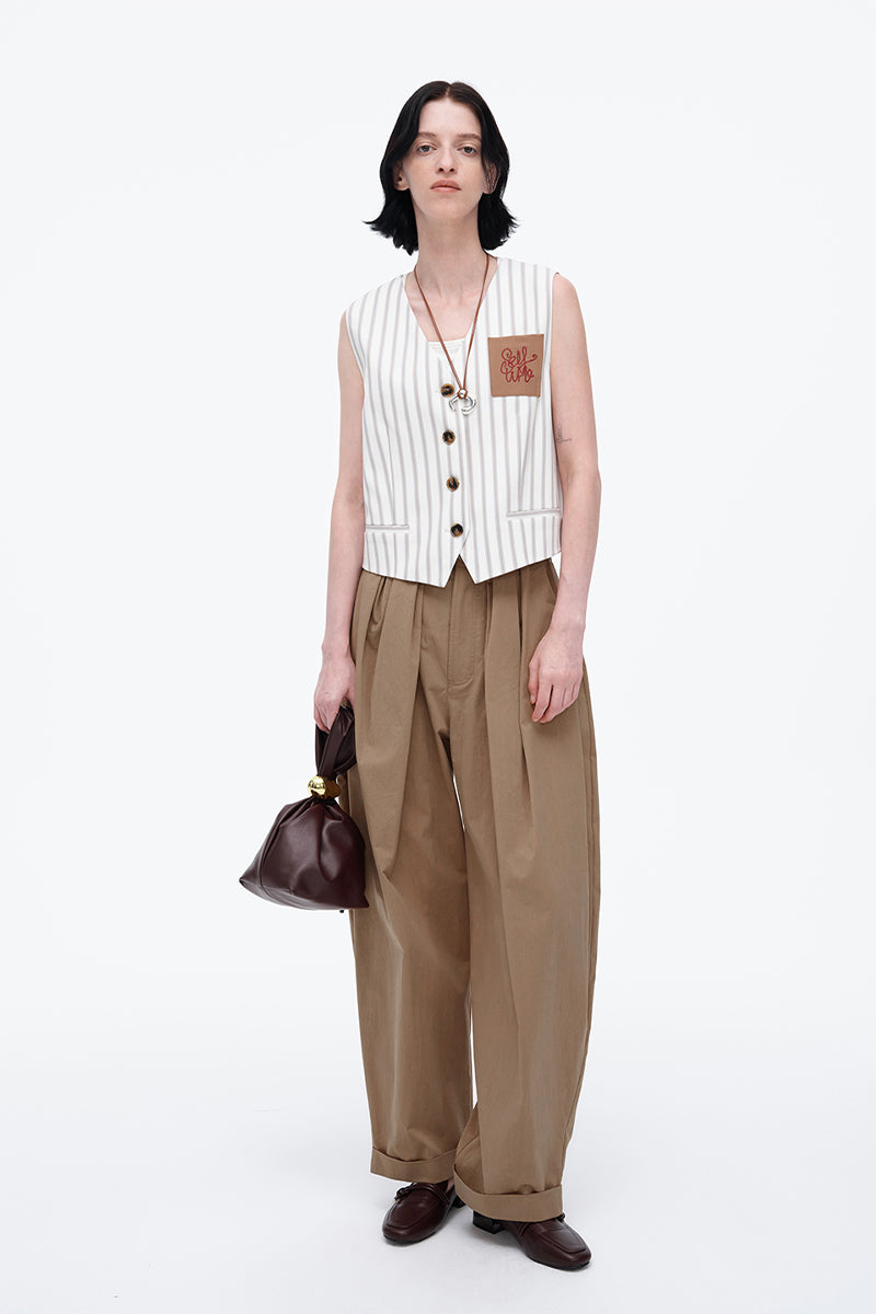 SELFWHO New V-Neck Temperament Beige Striped Vest For Women