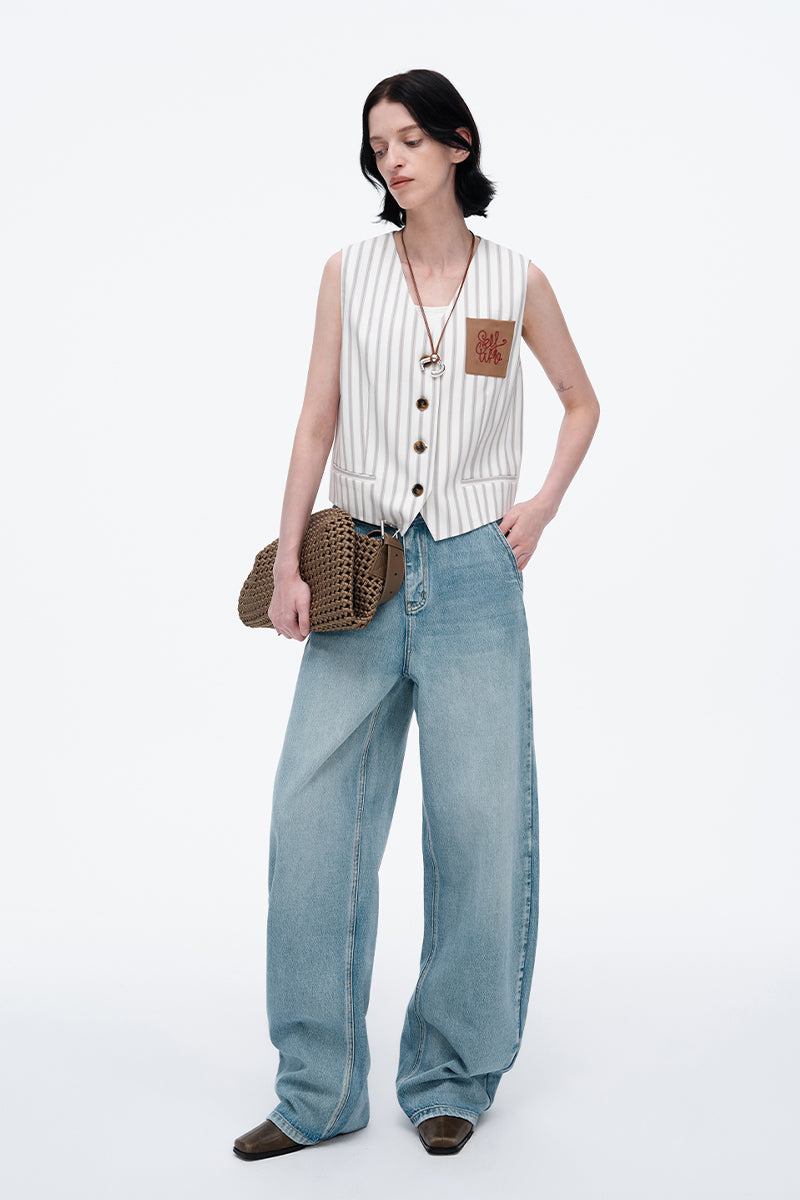SELFWHO New V-Neck Temperament Beige Striped Vest For Women