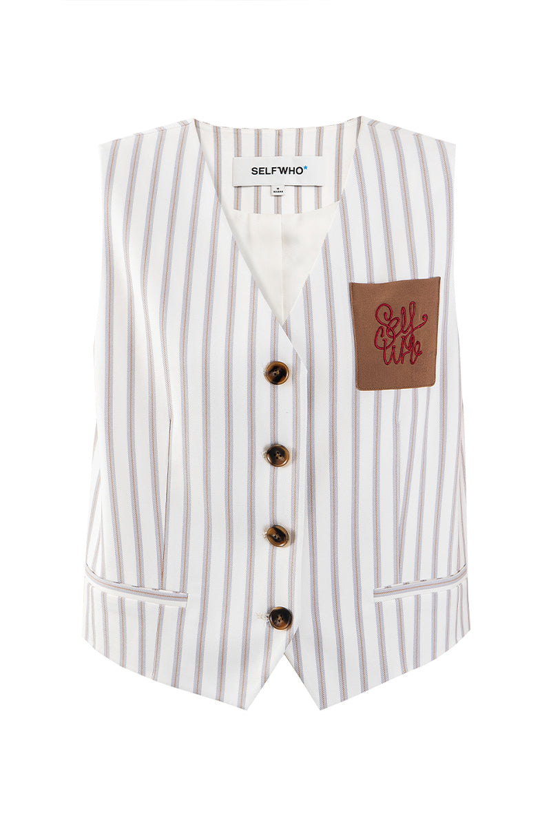 SELFWHO New V-Neck Temperament Beige Striped Vest For Women