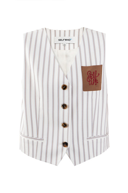 SELFWHO New V-Neck Temperament Beige Striped Vest For Women