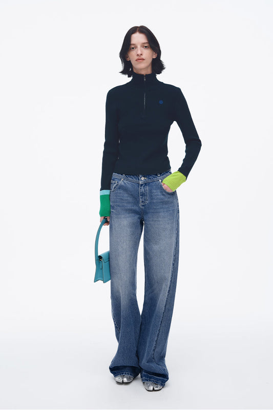 SELFWHO Wool Blend Half Turtleneck Zip-UP Sweater