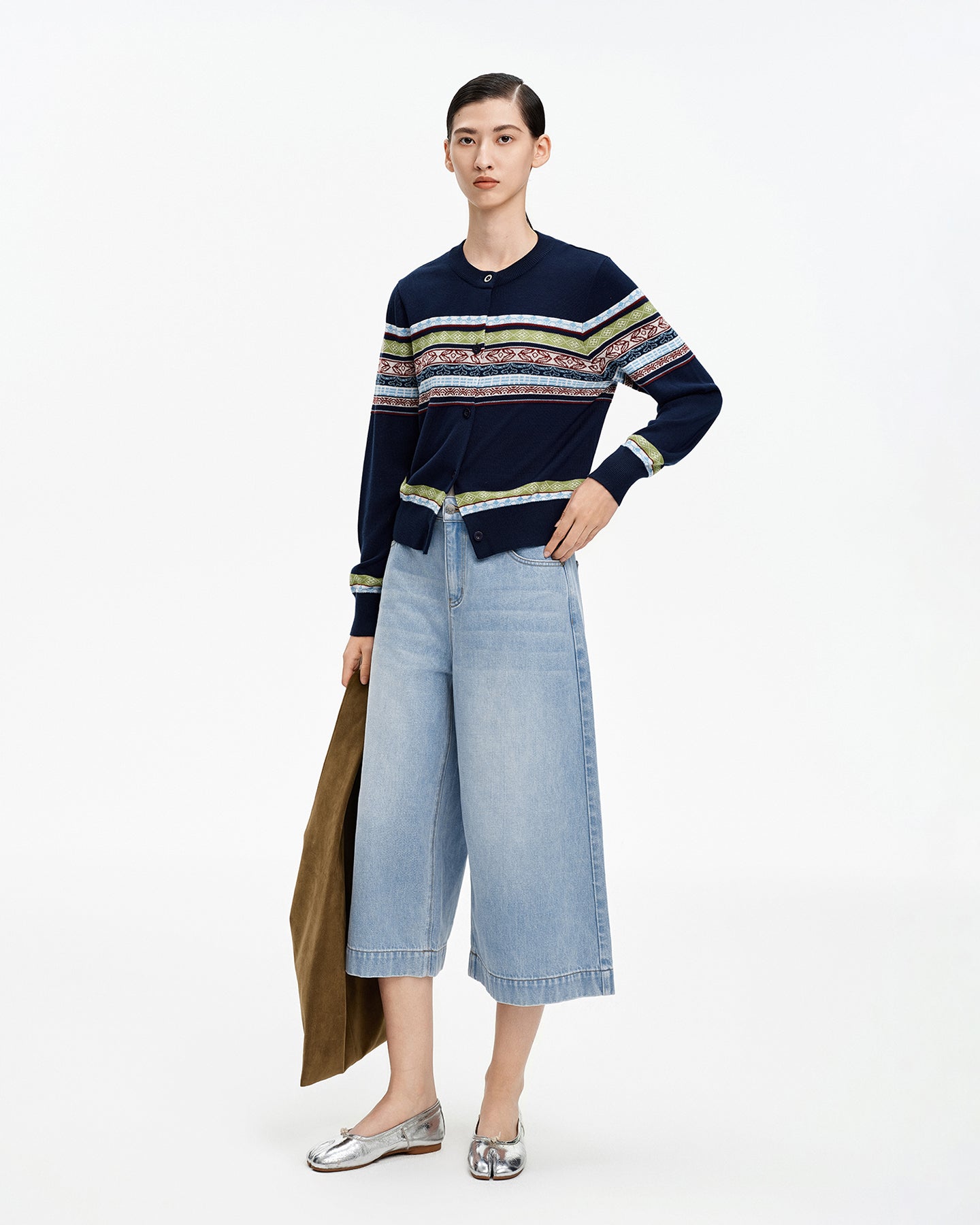 Tencel and merino wool blend striped cardigan