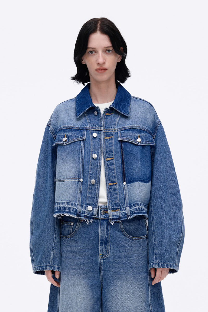 SELFWHO Retro Floral Washed Lapel Denim Jacket