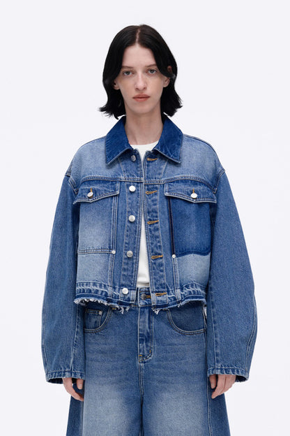 SELFWHO Retro Floral Washed Lapel Denim Jacket
