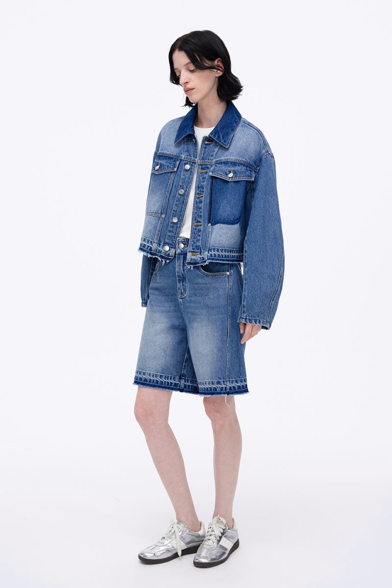 SELFWHO Retro Floral Washed Lapel Denim Jacket