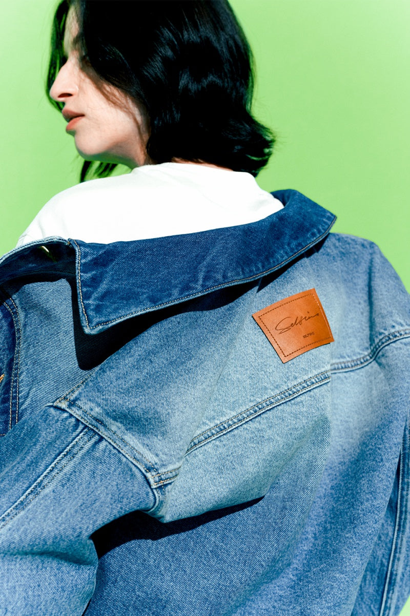 SELFWHO Retro Floral Washed Lapel Denim Jacket