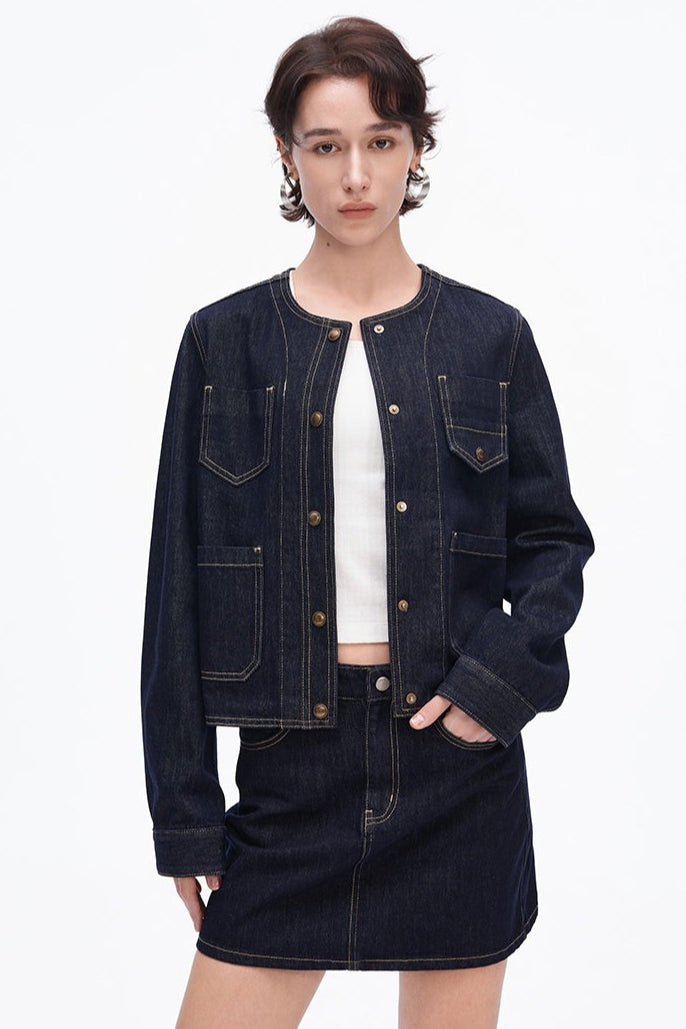 SELFWHO Vintage Contrast Line Pocket Denim Jacket