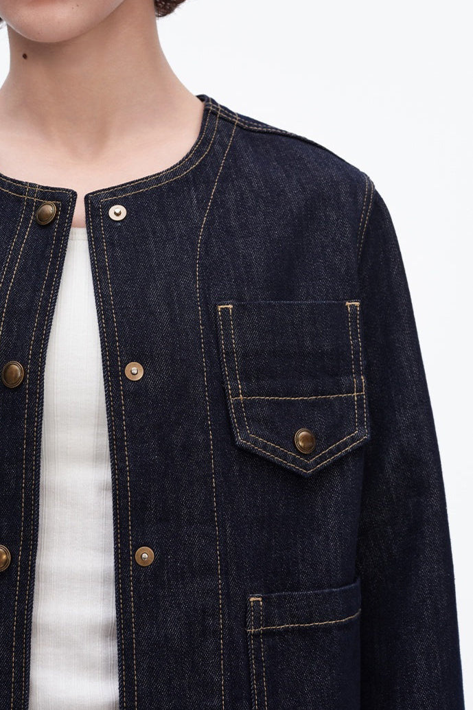 SELFWHO Vintage Contrast Line Pocket Denim Jacket