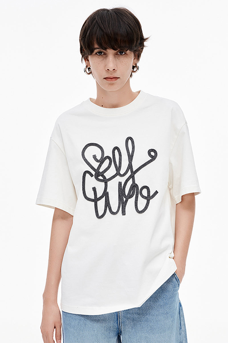 SELFWHO Hand-Embroidered Solid Color T-Shirt