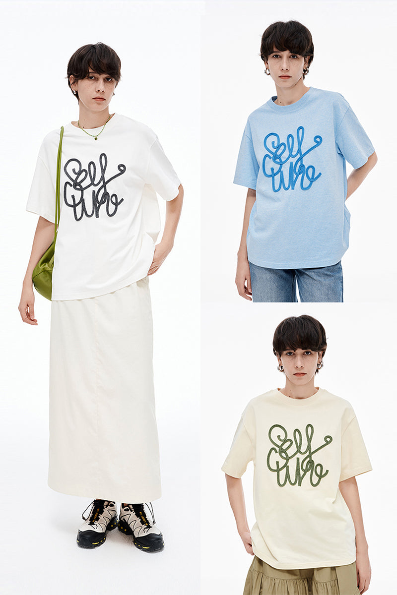 SELFWHO Hand-Embroidered Solid Color T-Shirt
