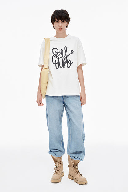 SELFWHO Hand-Embroidered Solid Color T-Shirt