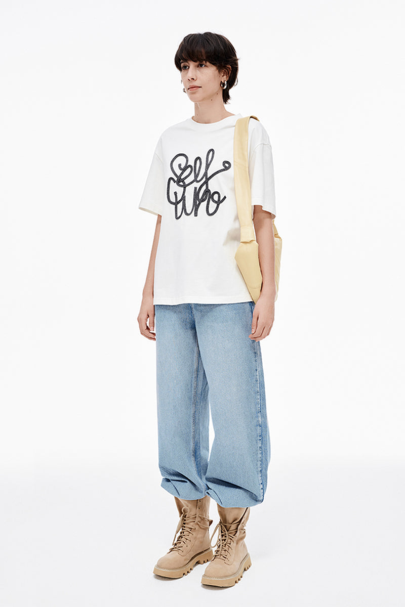 SELFWHO Hand-Embroidered Solid Color T-Shirt