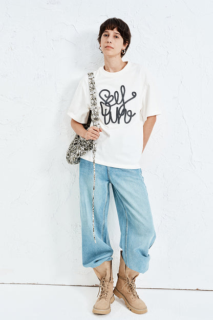 SELFWHO Hand-Embroidered Solid Color T-Shirt