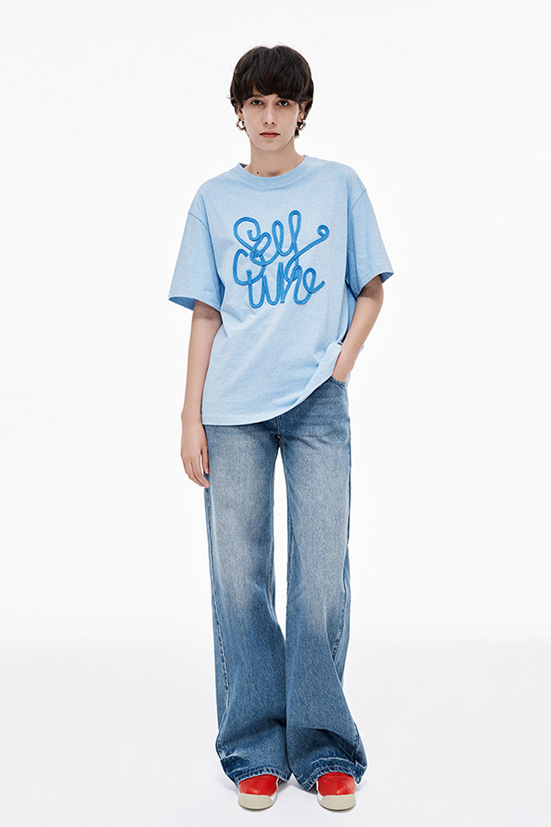 SELFWHO Hand-Embroidered Solid Color T-Shirt