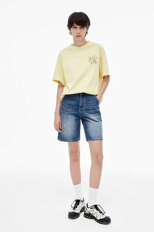 SELFWHO Contrast Color Embroidered Short-Sleeved T-Shirt