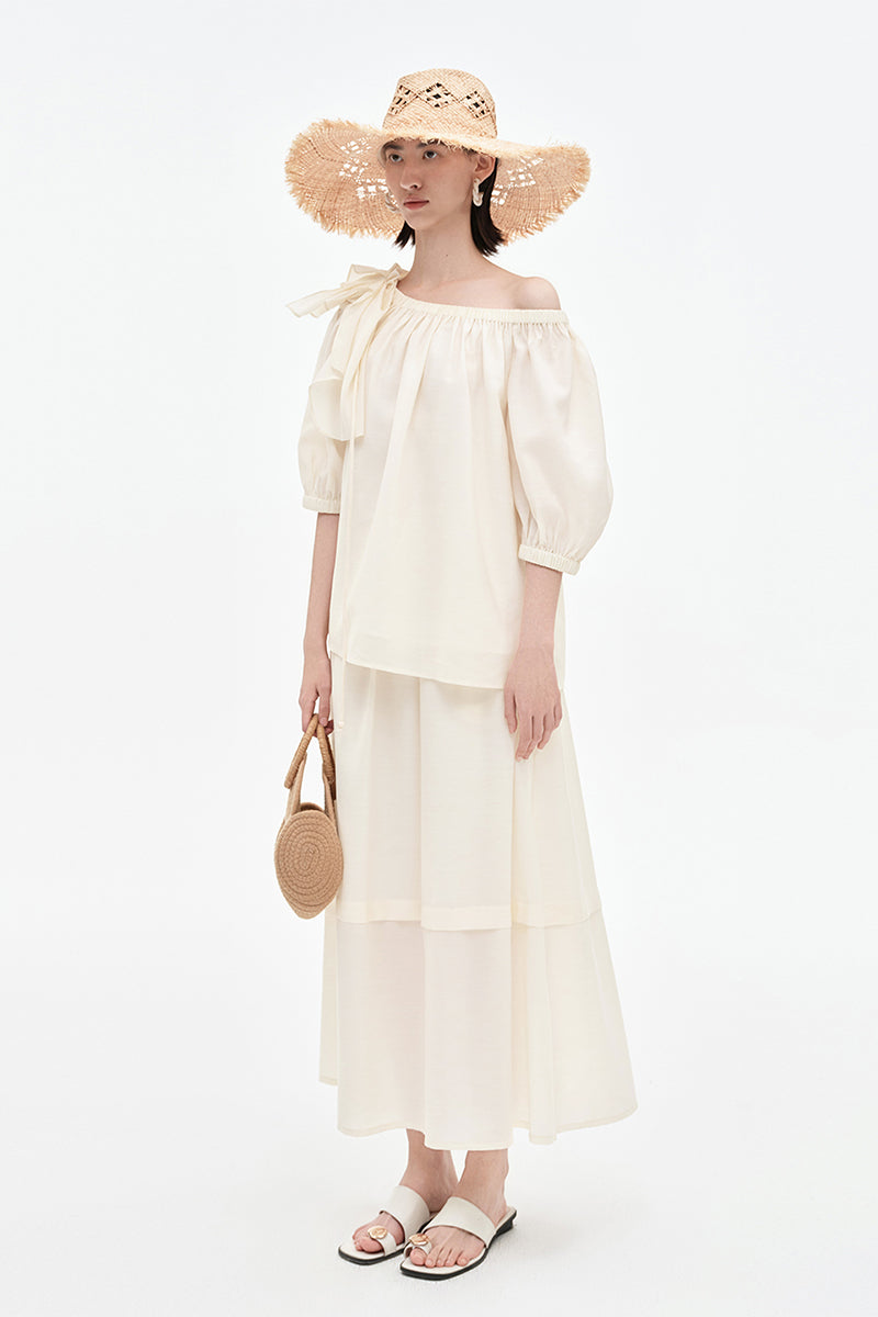 SELFWHO Tencel Wool Blended One-Shoulder Neck Puff Sleeve Suit Shirt