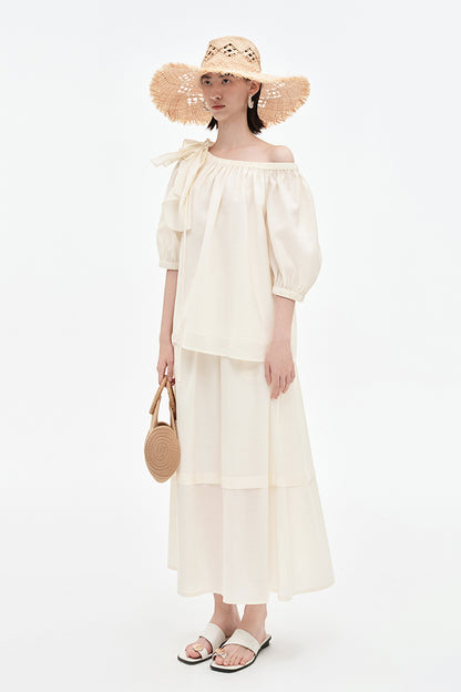 SELFWHO Tencel Wool Blended One-Shoulder Neck Puff Sleeve Suit Shirt