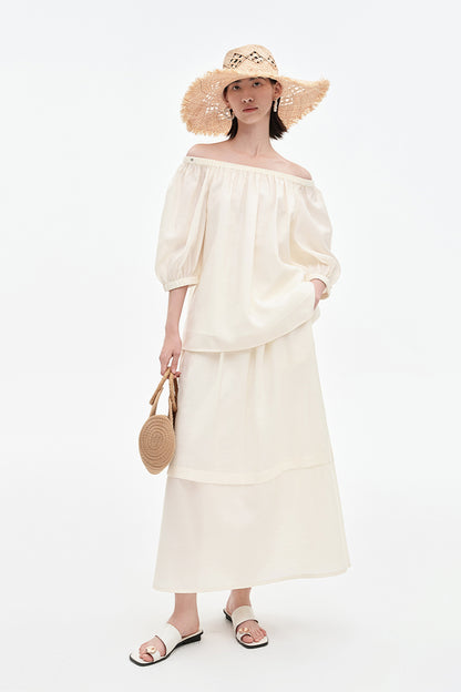 SELFWHO Tencel Wool Blended One-Shoulder Neck Puff Sleeve Suit Shirt