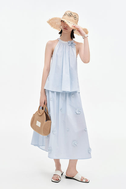 SELFWHO Pure Cotton Detachable Beaded Flower Vest, Skirt Set