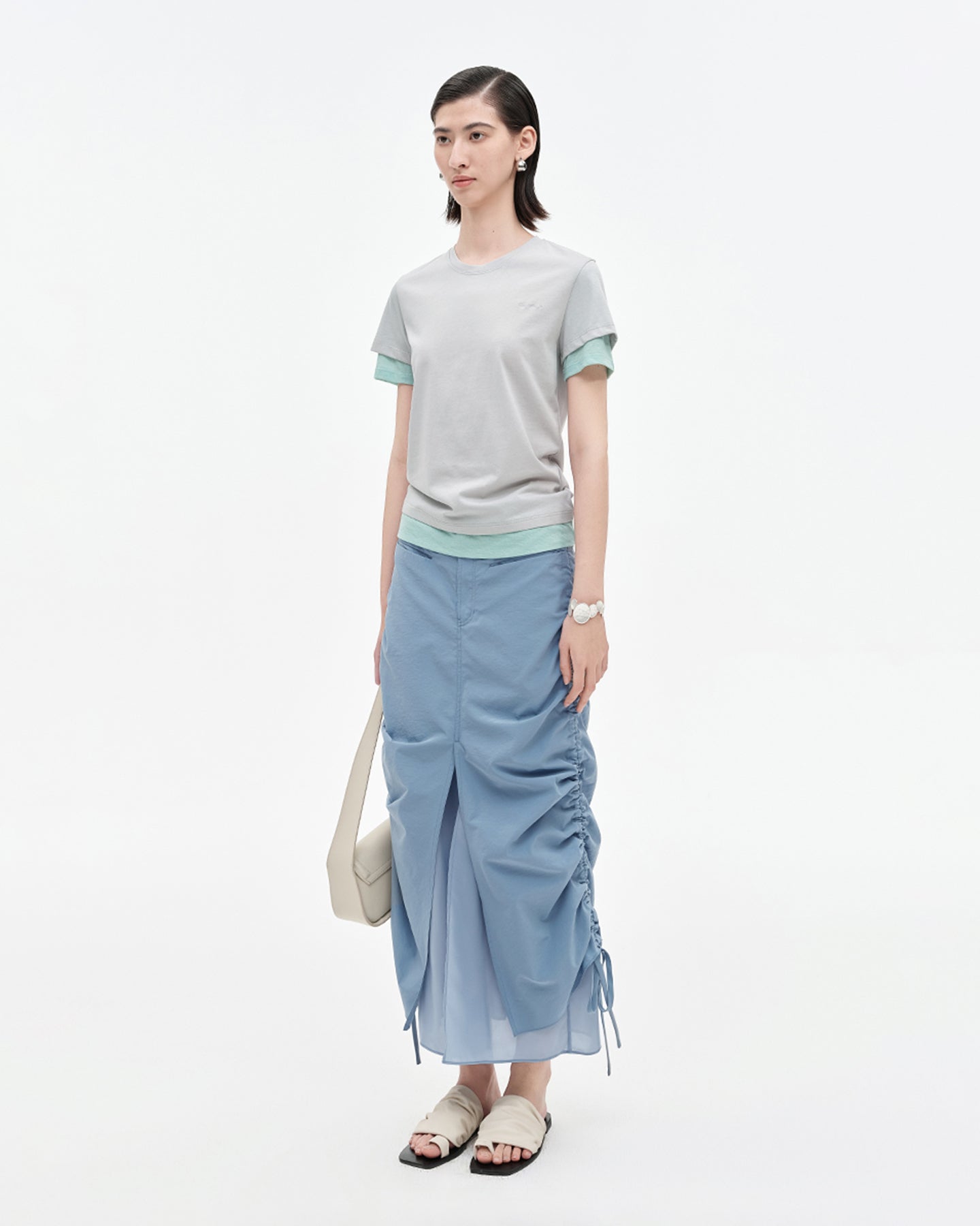 Cotton blend fake two piece pleated fishtail skirt