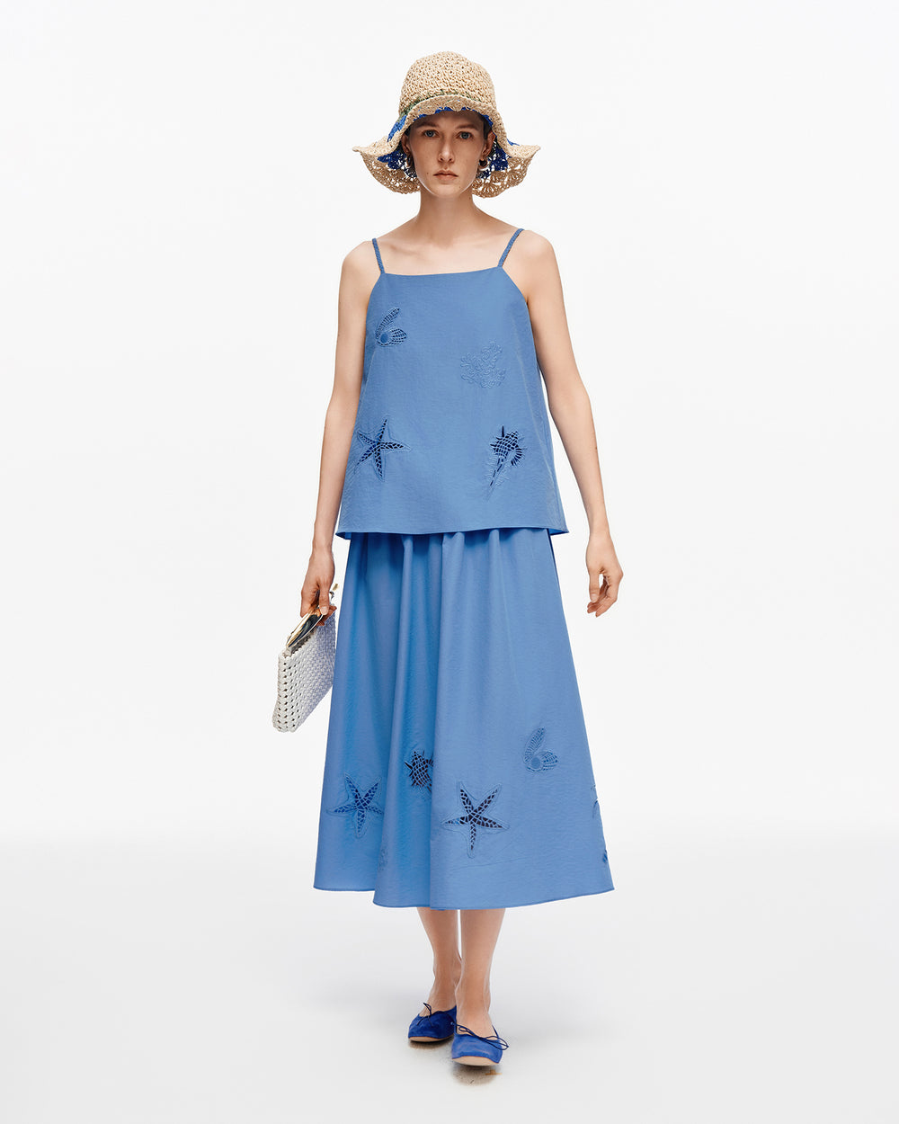 Cotton blend openwork embroidered camisole + skirt