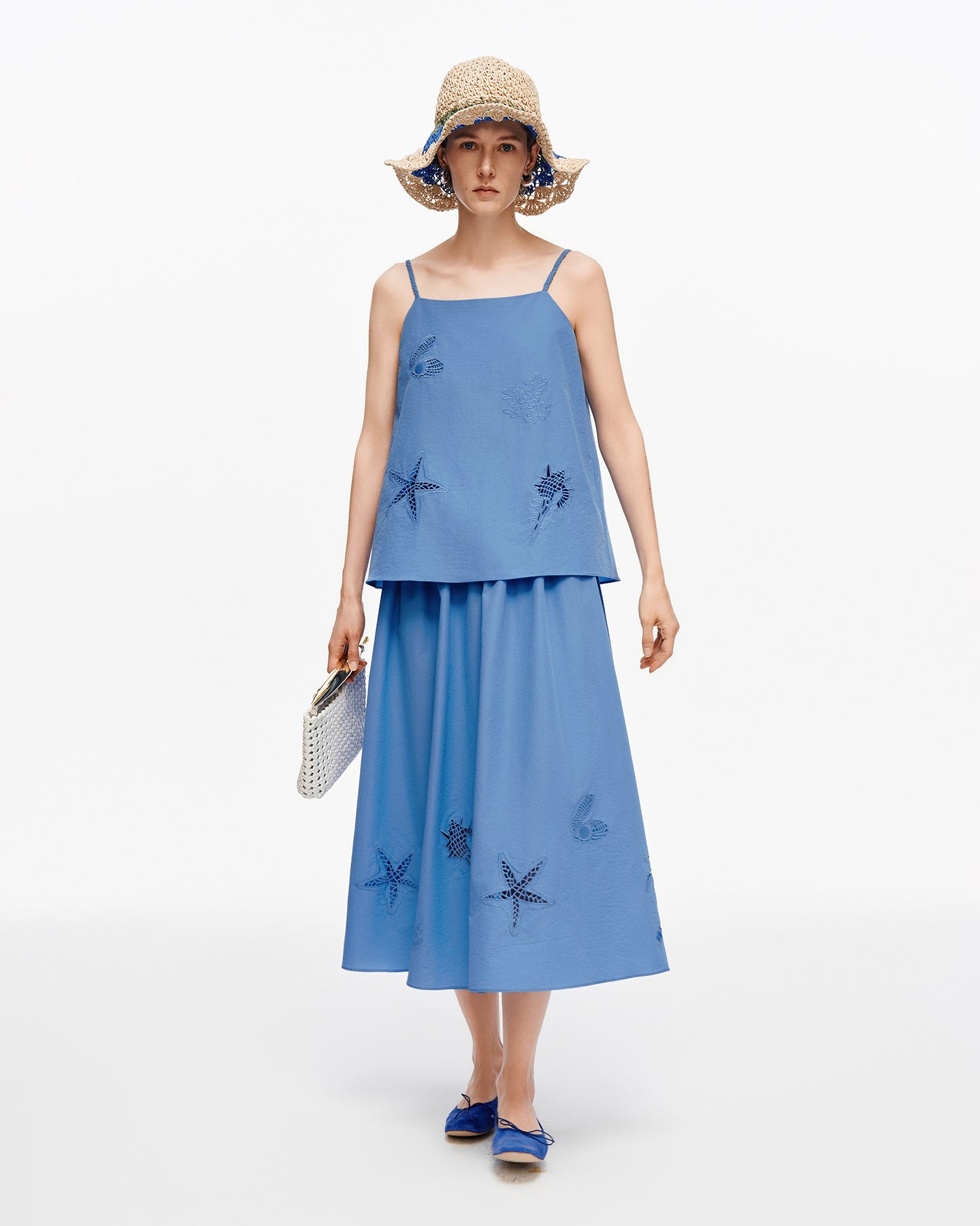 Cotton blend openwork embroidered camisole + skirt