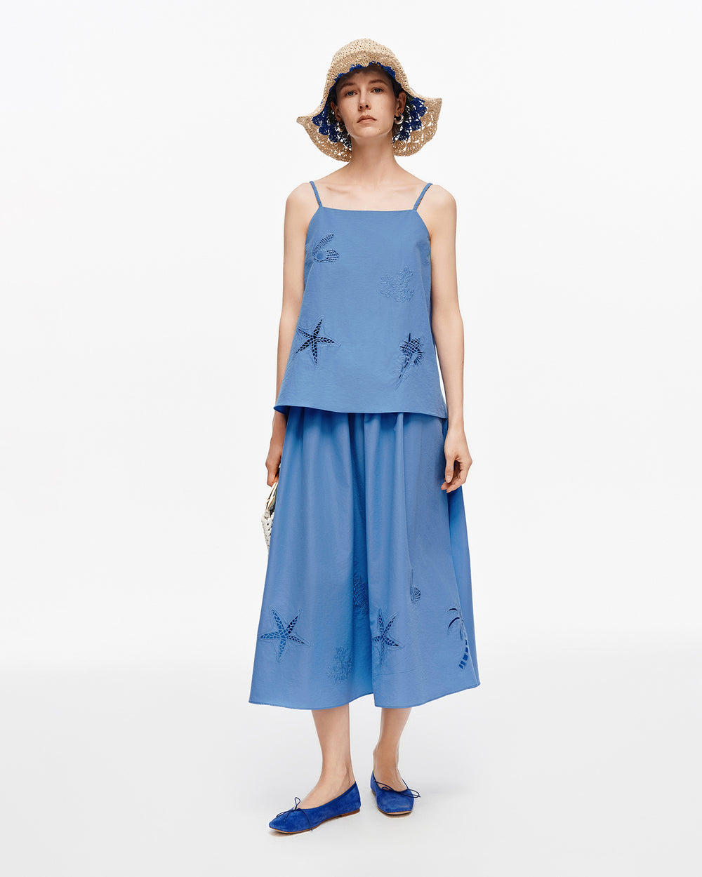 Cotton blend openwork embroidered camisole + skirt