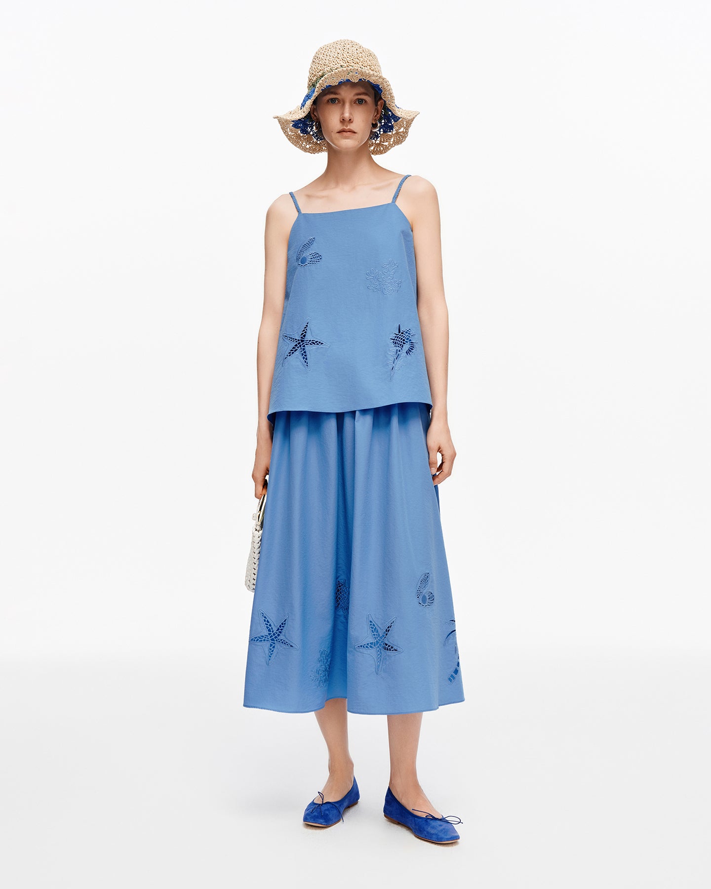 Cotton blend openwork embroidered camisole + skirt