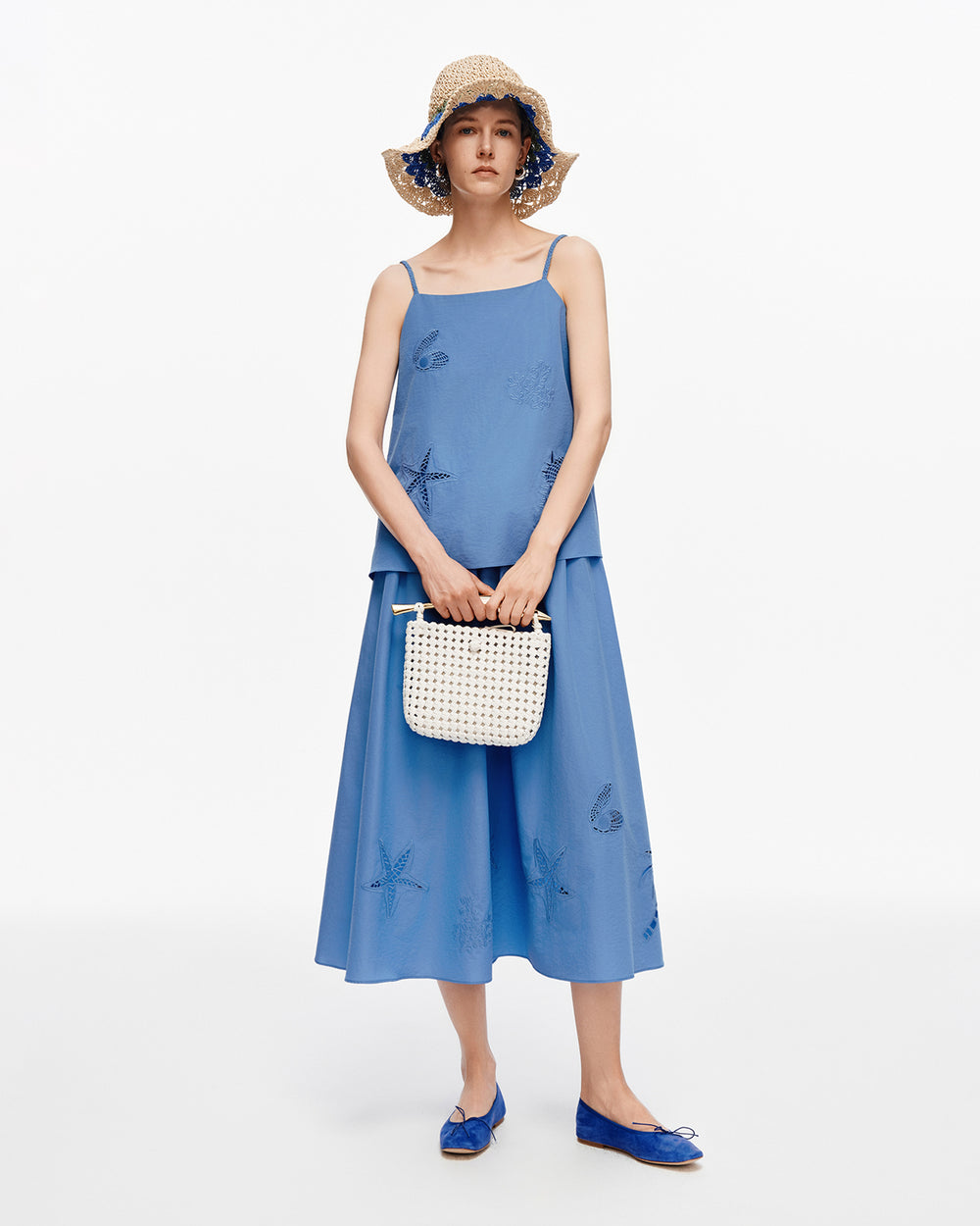 Cotton blend openwork embroidered camisole + skirt