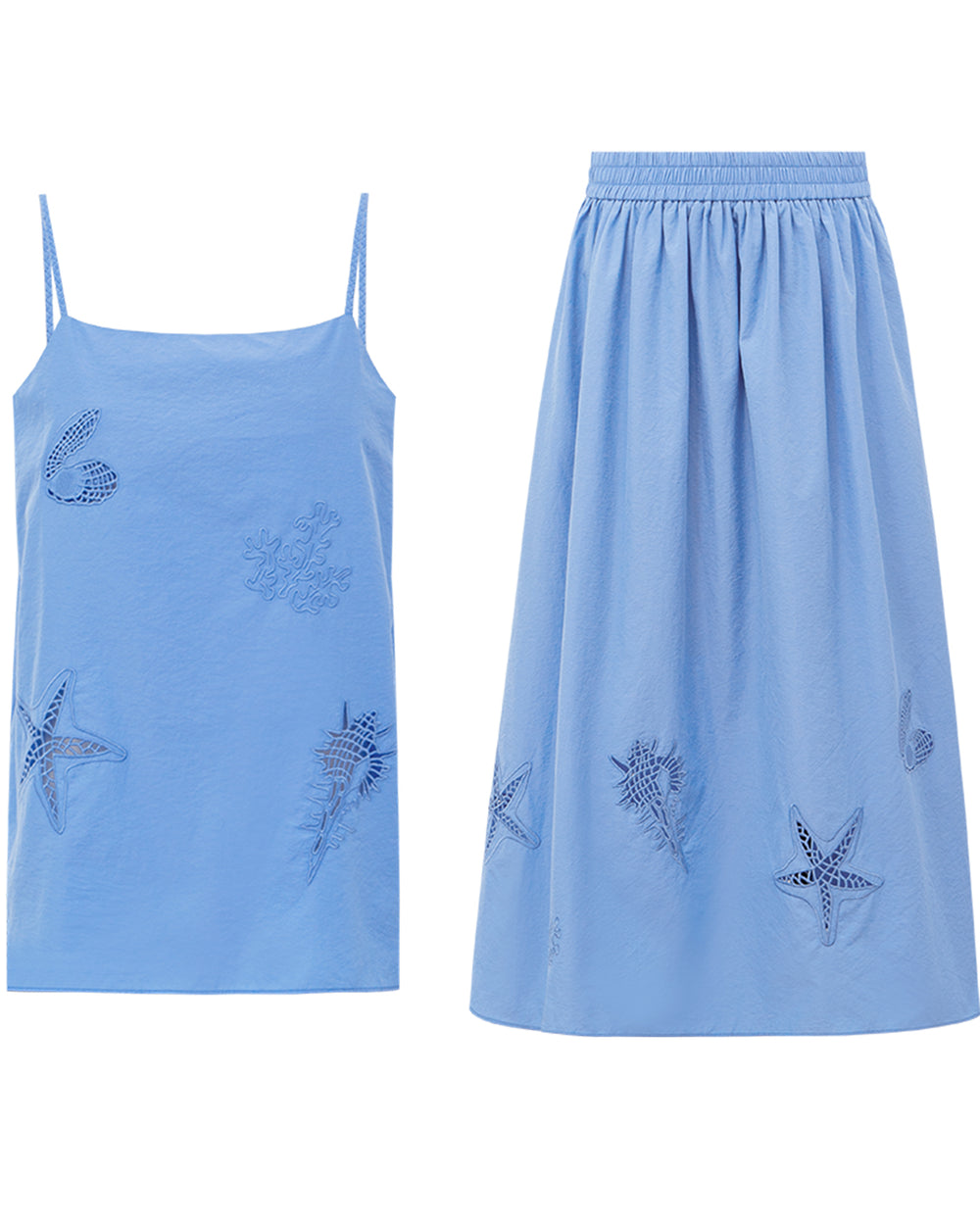 Cotton blend openwork embroidered camisole + skirt