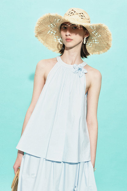SELFWHO Pure Cotton Detachable Beaded Flower Vest, Skirt Set