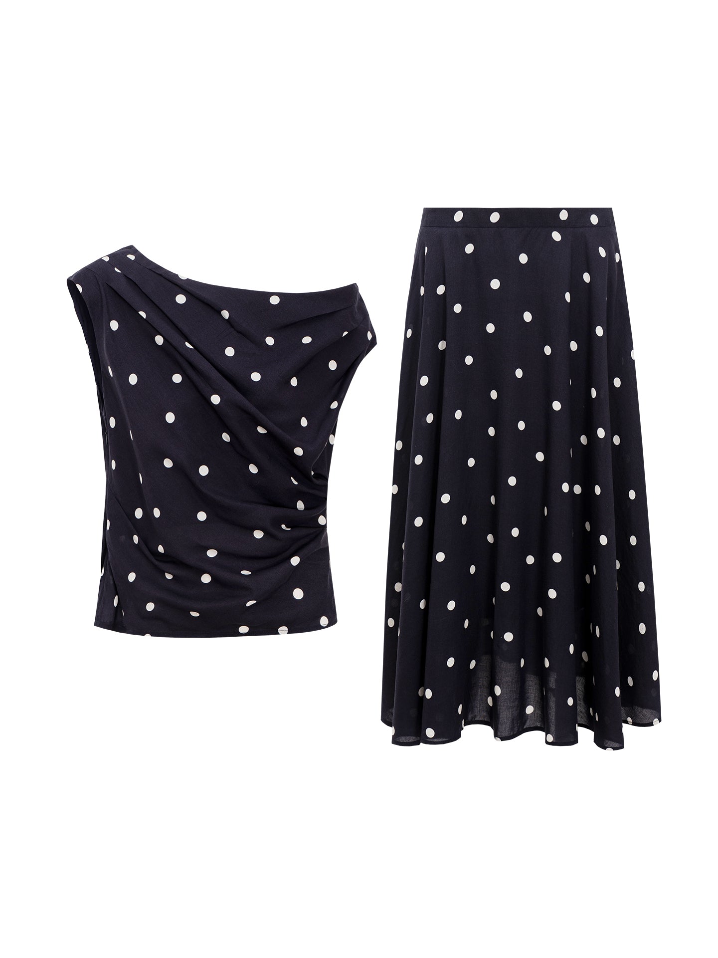 Tencel-Linen Blend  French-Style Off-Shoulder Polka-Dot Vest & SKIRT Set
