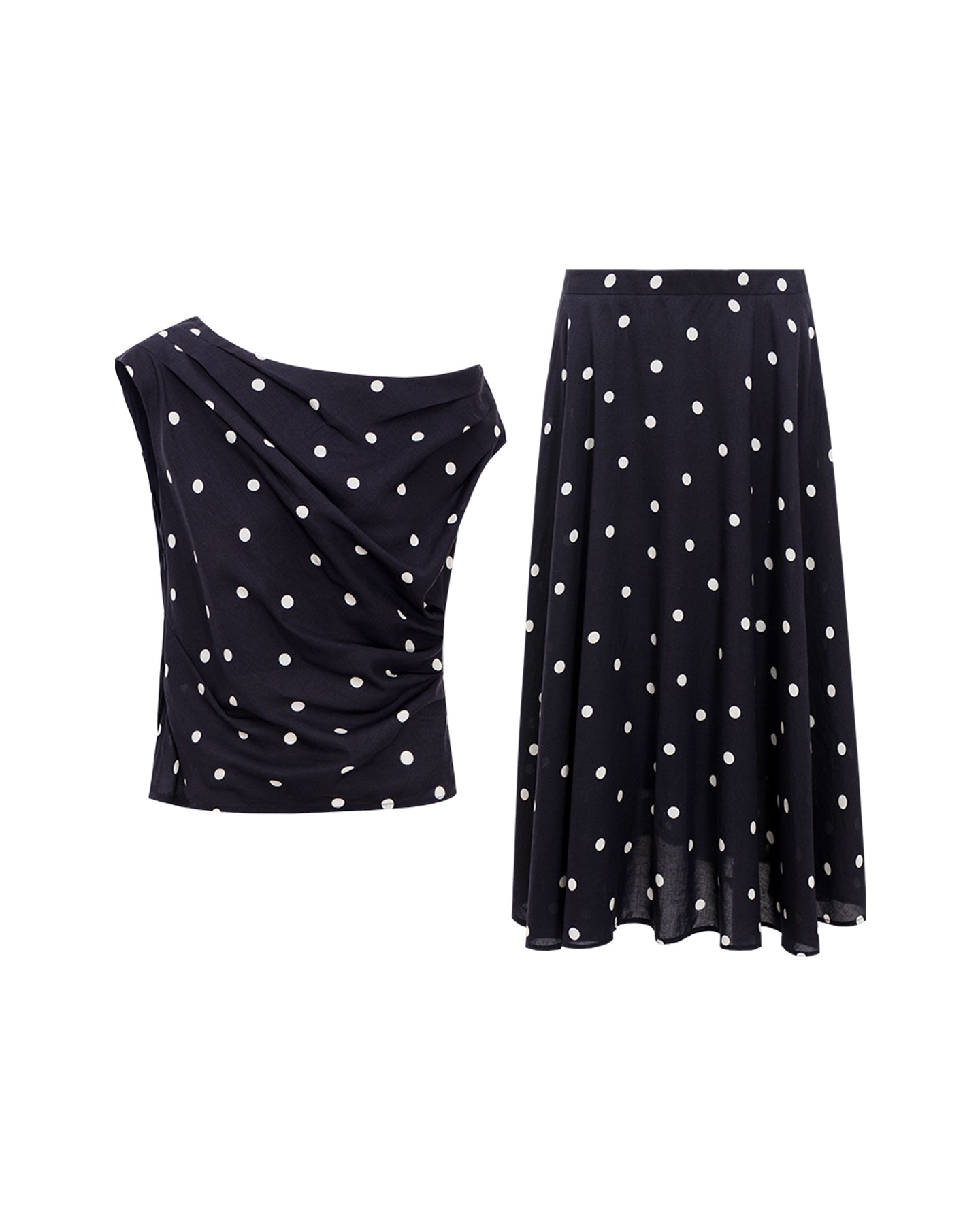 Tencel-Linen Blend  French-Style Off-Shoulder Polka-Dot Vest & SKIRT Set