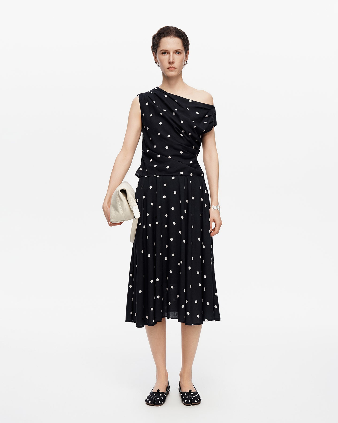 Tencel-Linen Blend  French-Style Off-Shoulder Polka-Dot Vest & SKIRT Set