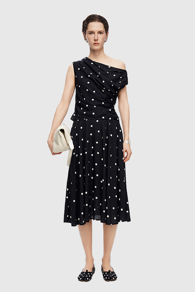 Tencel-Linen Blend  French-Style Off-Shoulder Polka-Dot Vest & SKIRT Set