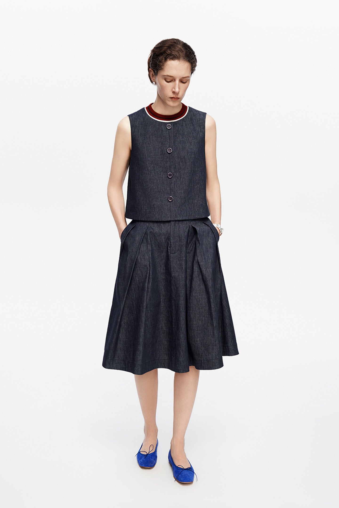 Cotton-Linen Blend Vintage Raw Denim Vest + Skirt