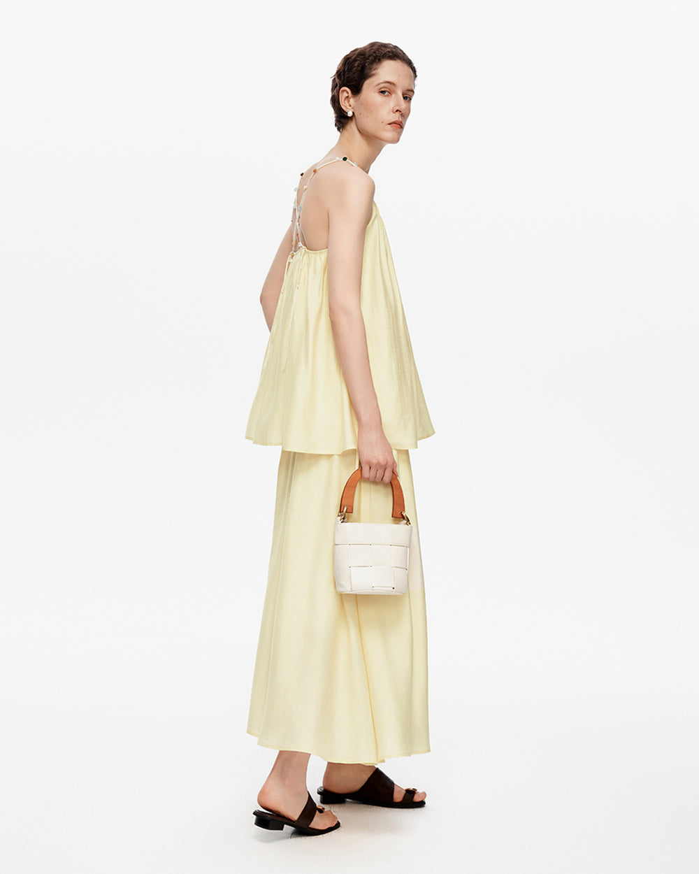 Acetate blend woven vest with colored stones + skirt