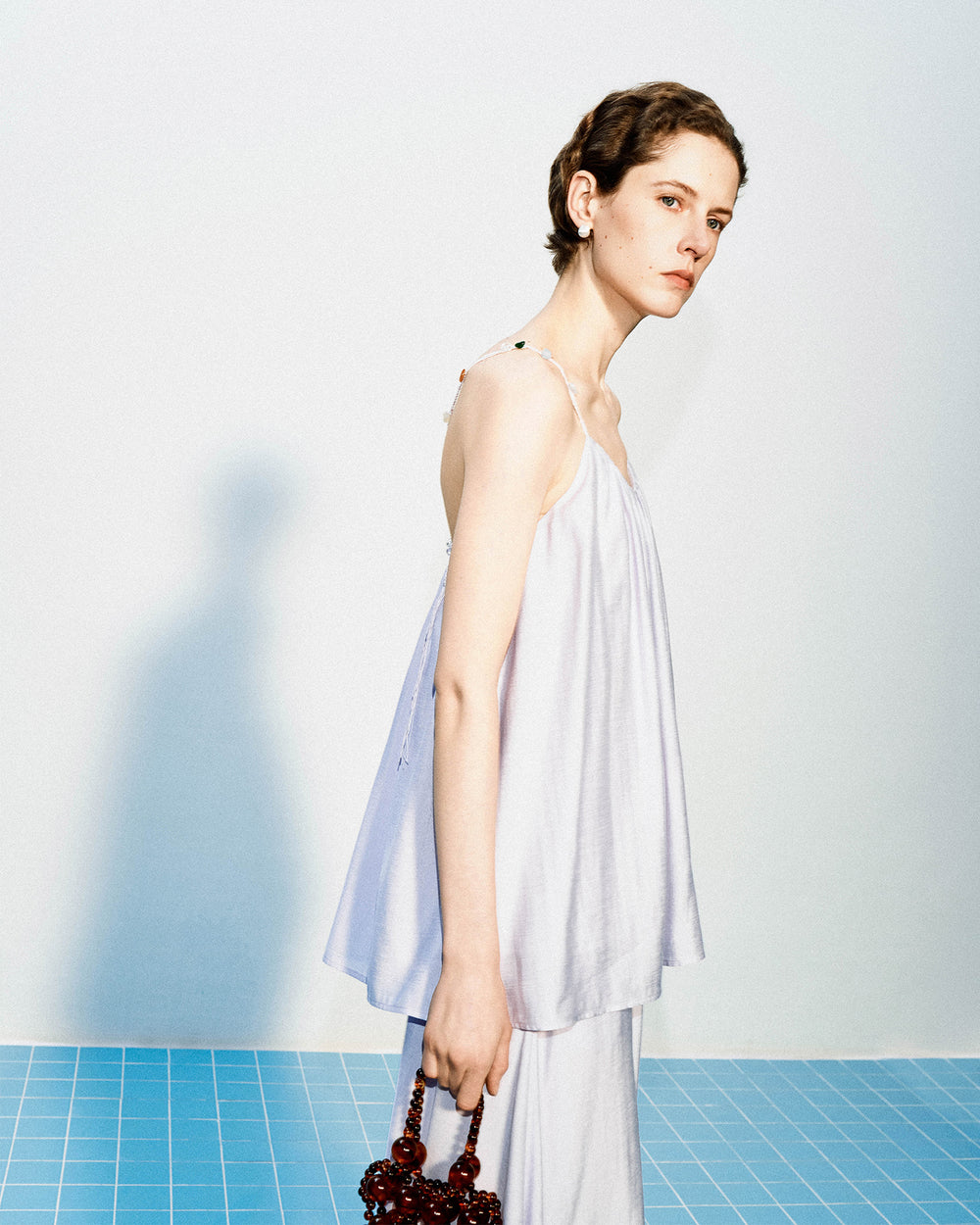Acetate blend woven vest with colored stones + skirt