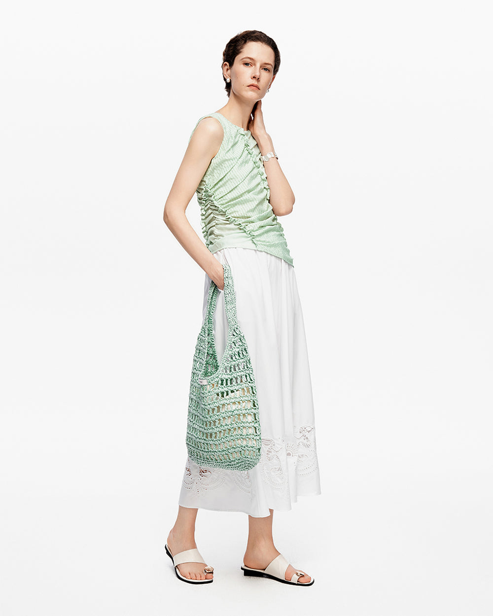 Asymmetrical plaid patchwork ruched vest top set