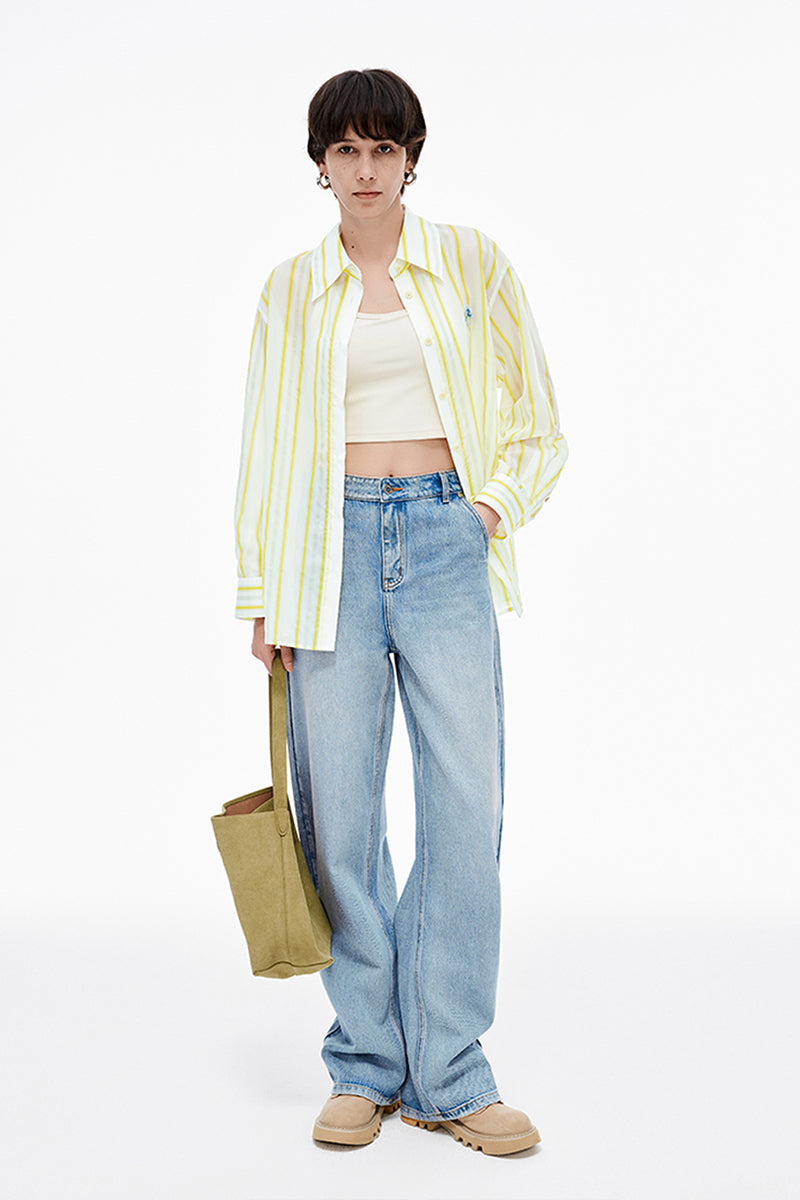 SELFWHO Loose Breathable Yellow Striped Shirt