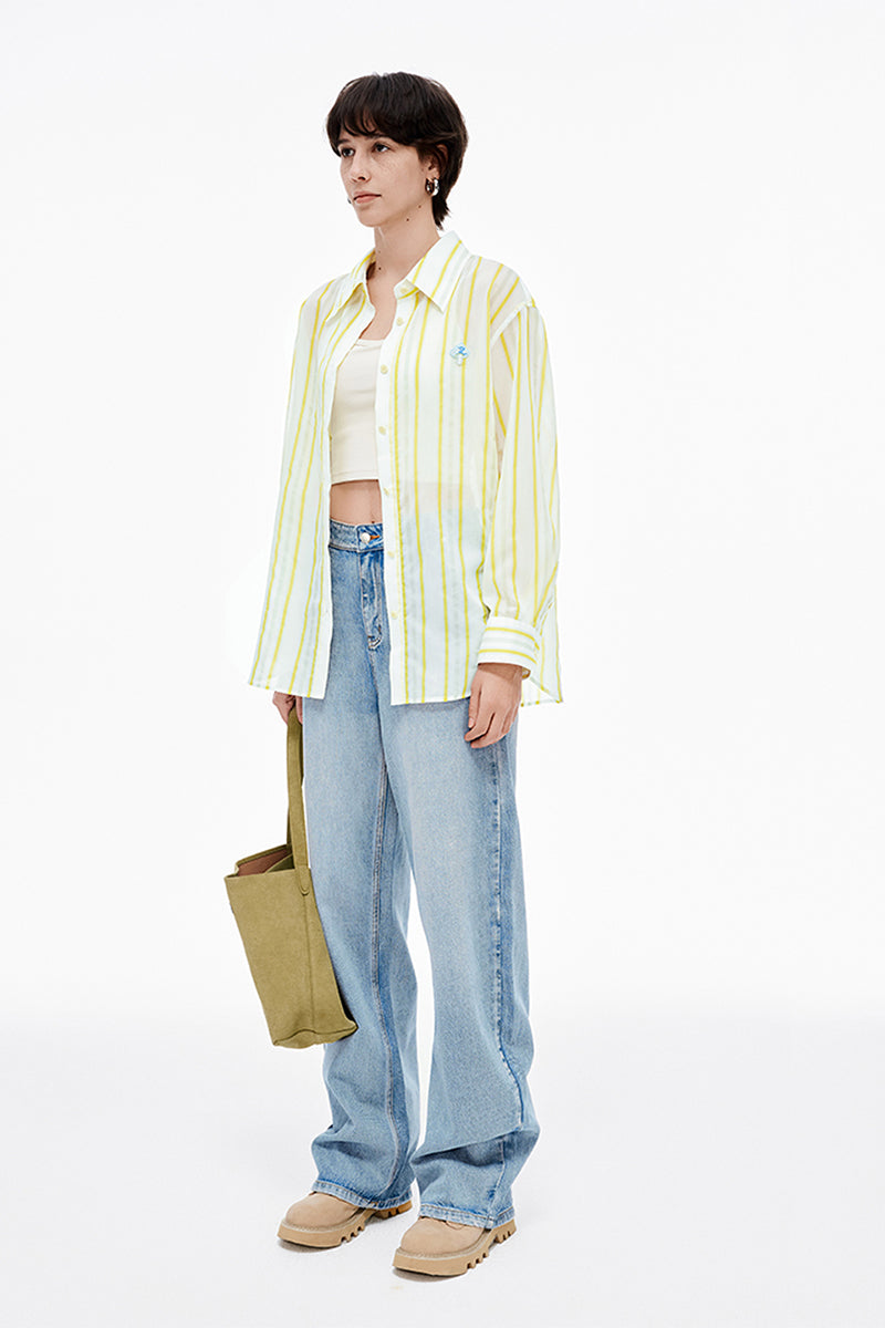 SELFWHO Loose Breathable Yellow Striped Shirt