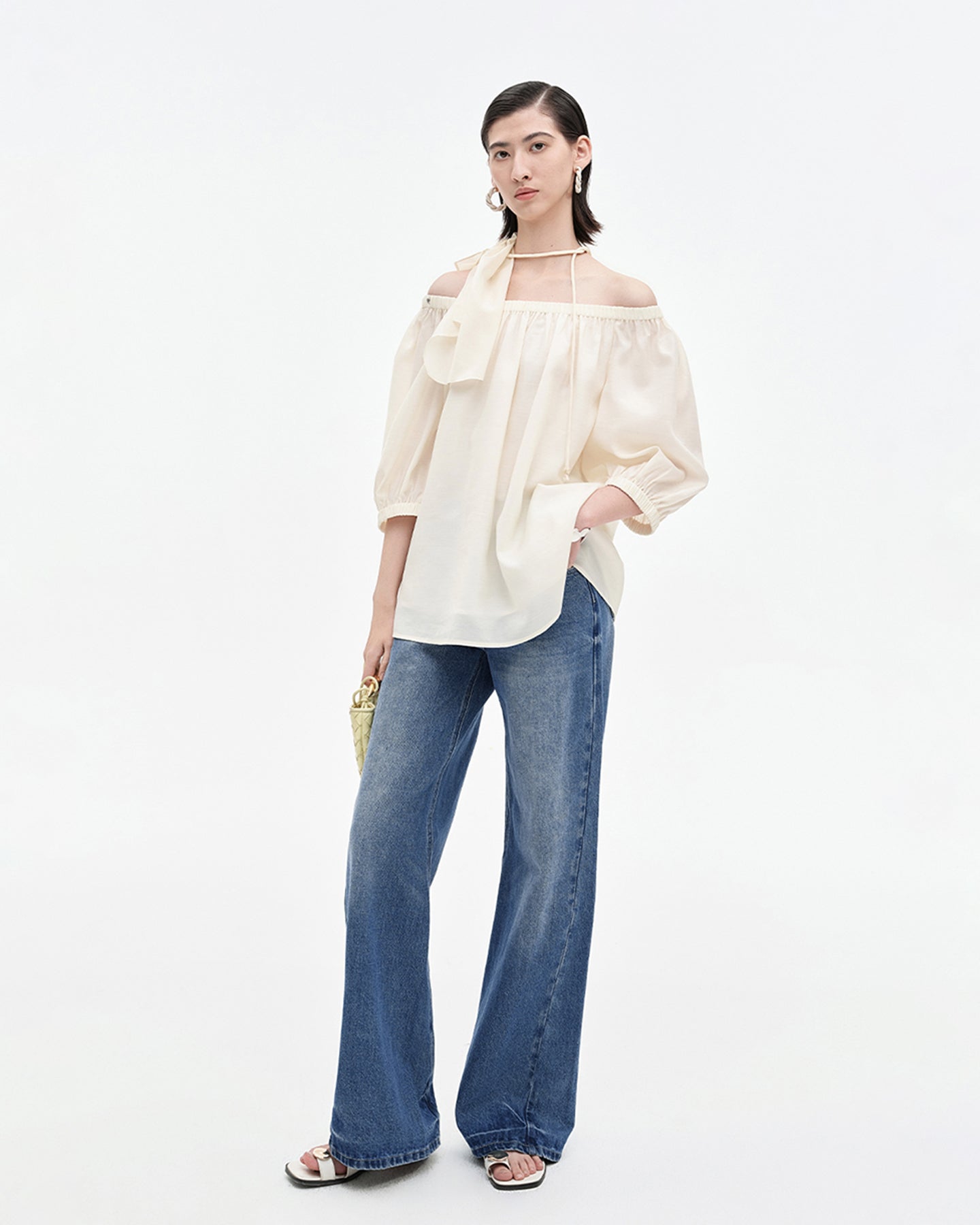 Tencel Wool Blended One-Shoulder Neck Puff Sleeve Suit Shirt