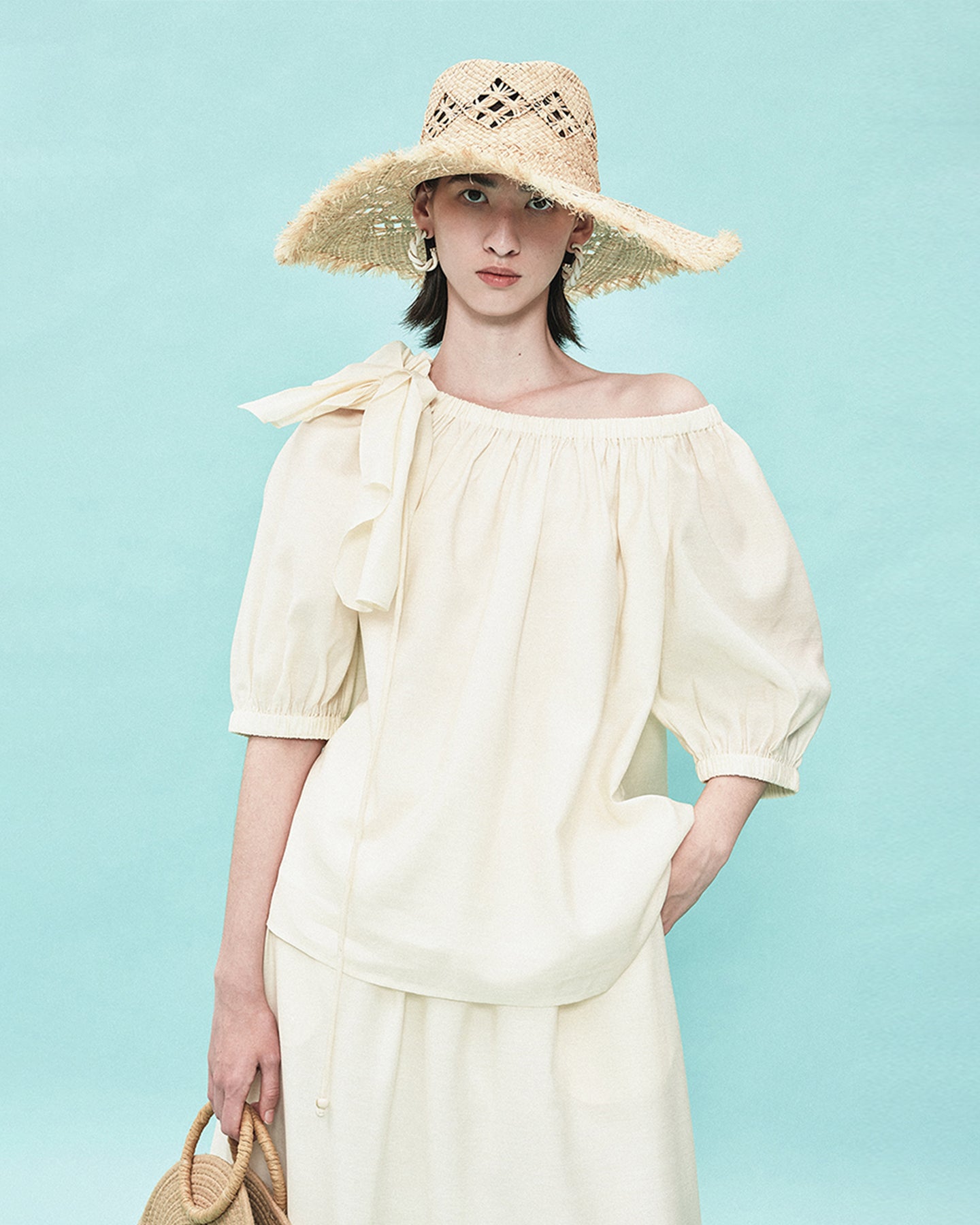 Tencel Wool Blended One-Shoulder Neck Puff Sleeve Suit Shirt