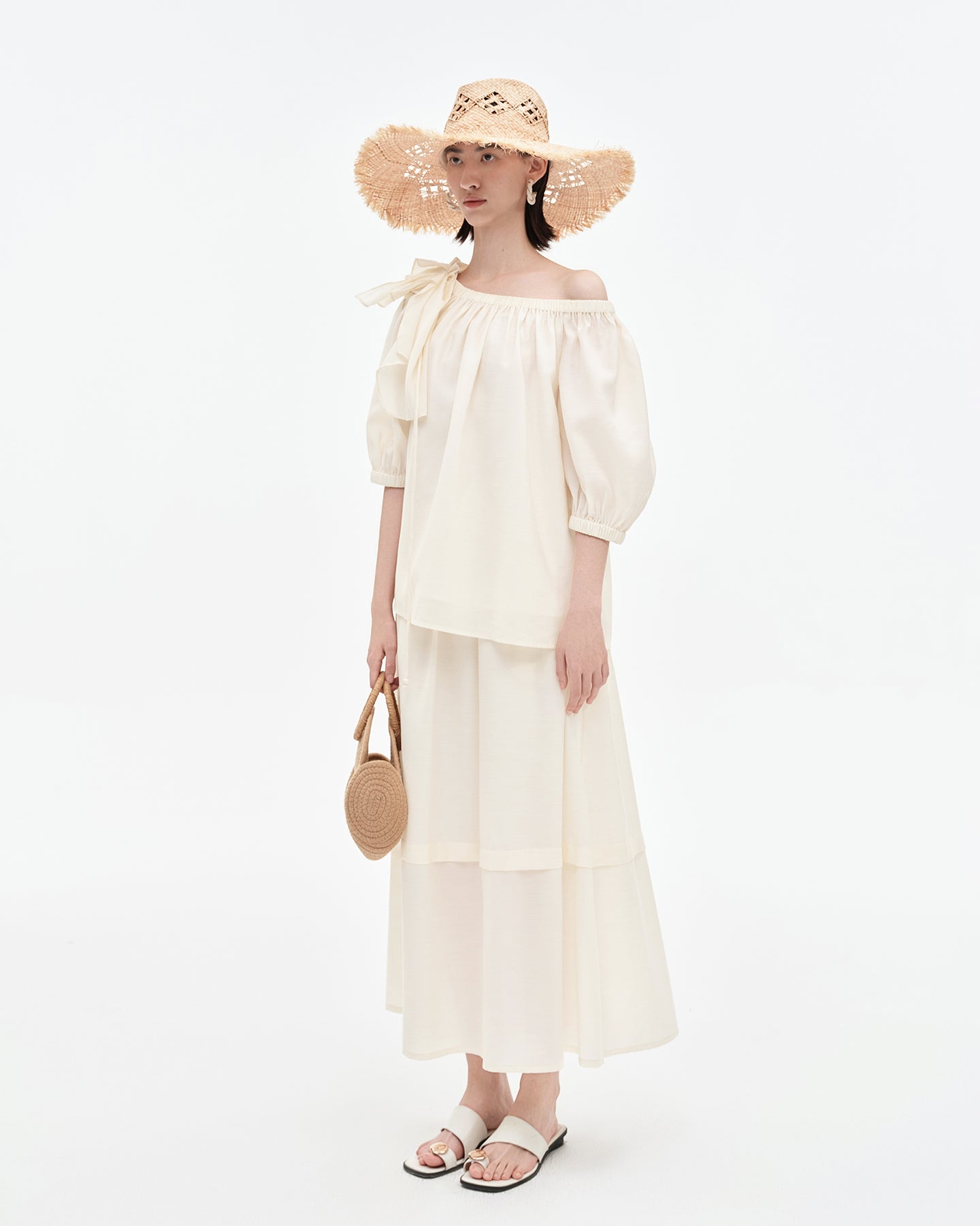 Tencel Wool Blended One-Shoulder Neck Puff Sleeve Suit Shirt